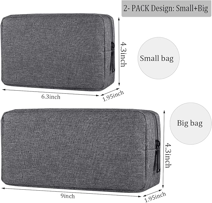 CAAORDKSO Electronics Organizer Travel Case, Travel Cable Organizer Pouch Electronic Accessories Carry Case Portable Waterproof Storage Bag for Hard Drive, Cord, Charger, Mouse (Small+Big, Dark Gray)