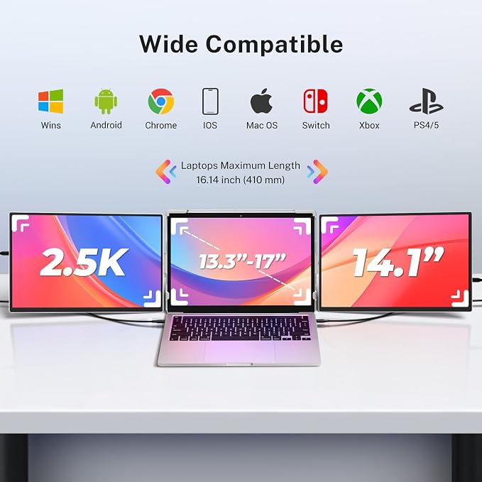 Triple Screen Laptop Monitor Extender - 2.5K QHD IPS Triple Portable Monitor for Laptop 13.3-17 Inch, Plug Play and Compatible with MacOS/Wins/Chrome/Dex (Silver)