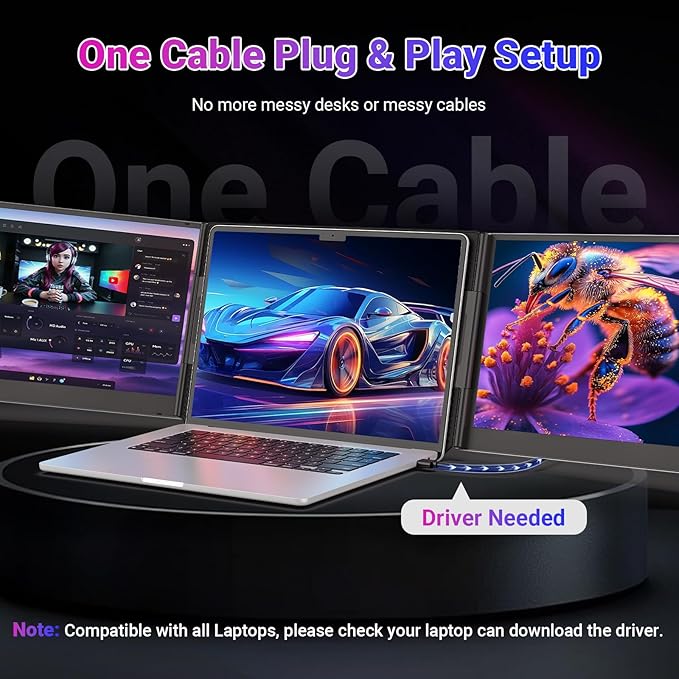 15.6" One-Cable Laptop Screen Extender, Ultra-Thin 1080P FHD Triple Portable Monitor, Travel Monitor for 13–17.3" Laptops, USB-C/USB-A Connection, Dual Monitor Compatible with Mac/Windows/Android/Dex