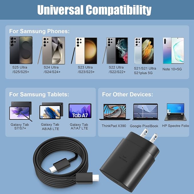 USB C Charger,25W Type C Charger Super Fast Wall Block &12Ft Android Phone Charger Cable Cord for Samsung Galaxy S26/S25/S25 ULtra/S25+/S24/S24 Ultra/S24+/S23/S23 Ultra/S23+/S22/S22 Ultra/S22+/S21