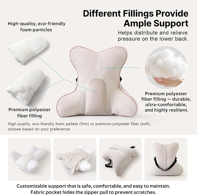 Lumbar Support Pillow(Pat. Pend) – Multi-Functional Ergonomic Back Cushion for Sofa Chair, Car Seat & Sofa, Reading Pillow with Firm Multi-Zone Support to Relieve Lower Back Pain, Misty White