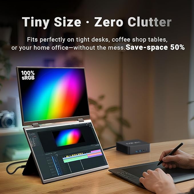 MINIX SF15 FOLD Dual 15.6" Foldable Portable Monitor, 1080P FHD, 300 nits, 100W PD, Low Blue Light, Recyclable Metal, Type-C & HDMI for Laptops, Study, Creative Projects, Office Collaboration