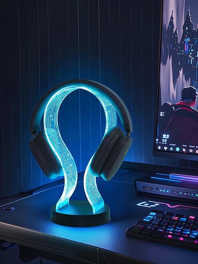 CoolGift Mart Light Up Headphone Stand with 16 Color Lights, PCB Pattern Acrylic Headset Stand with 1 USB and 1 Type-C Charging Ports, Gifts for Gamers Men Boy Father Dad and DJ Music Lovers