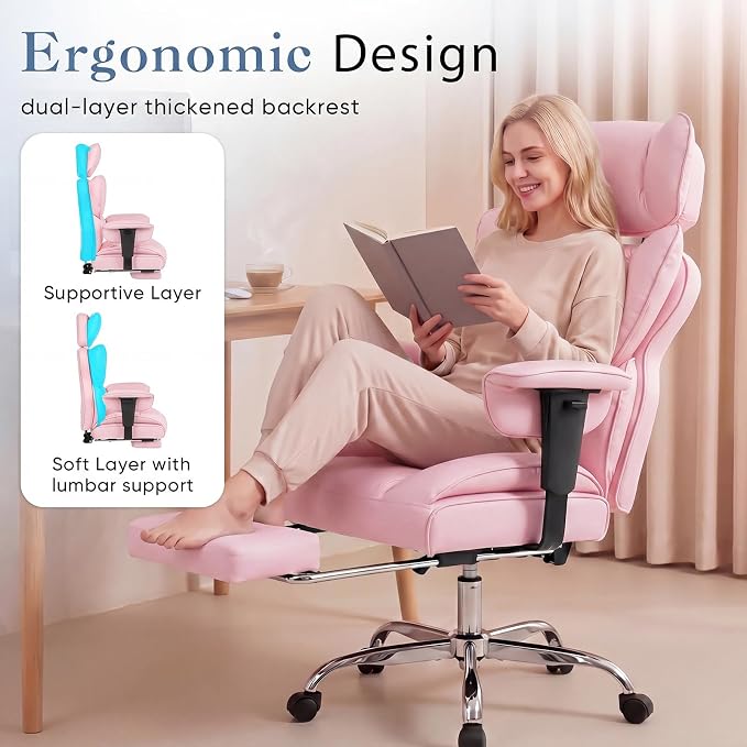 DUMOS Big and Tall Home Office Desk Chair, Gaming Computer Chair, Executive Ergonomic Chair with Footrest, High Back Reclining, Adjustable Armrests and Comfy Lumbar Support, PU Leather, Pink
