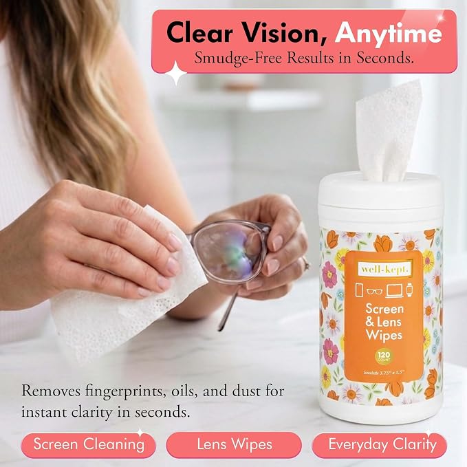 Well-Kept Tech & Lens Wipes - Eyeglass, Screen & Phone Cleaning, Multi-Surface, Lint-Free, Pre Moistened, Streak-Free & Non Scratching - NEW Size - Spring Break Canister, (120 Count)