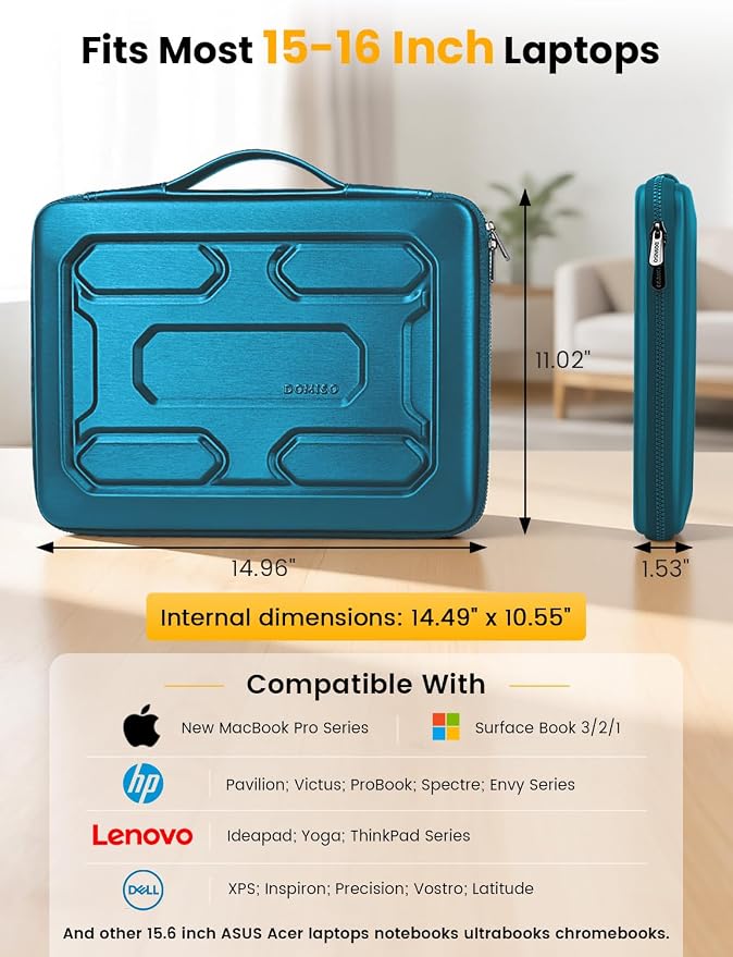 DOMISO Laptop Hard Case 15-16 inch Waterproof Shockproof Hard Shell Laptop Sleeve with Handle & Storage Pocket, Compatible with MacBook, HP, Dell, Teal