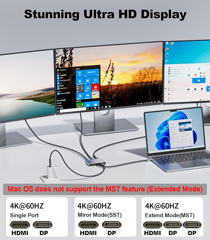 USB C to Dual DisplayPort Adapter and HDMI with 100W PD Charging, Triple 4K60Hz Monitor Extender for Dell/Surface Pro/HP, DP Splitter Extended Display Hub, Laptop Multi-Screen Adapter