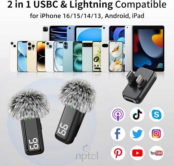 NPTCL Mini Wireless Lavalier Lapel Microphone for iPhone Android Phone - Noise Canceling Clip on Microphone, 2 in 1 USB C & Lightning Lav Mic for Audio Recording Tiktok Instagram Voiceover