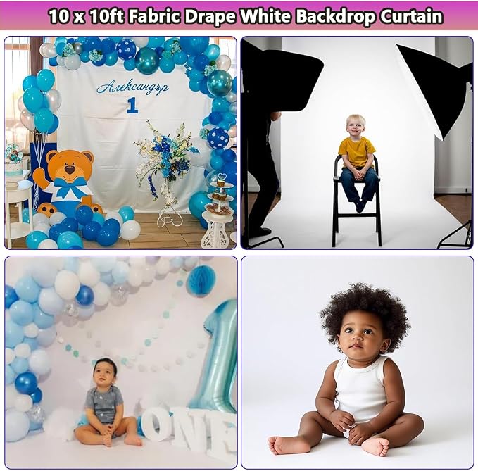 Photo Backdrop White 10 x 10ft, White Backdrop for Photoshoot, Solid White Photography Backdrop Background, Seamless Photo Backdrop Curtain for Wedding Baby Shower Picture Photobooth Portrait Backdrop