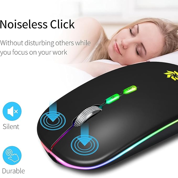 KBCASE Wireless Mouse, LED Wireless Mouse for Laptop, Slim Silent Mouse 2.4G Rechargeable Wireless Computer Mouse for Laptop, MacBook, iPad, Chromebook, with USB & Type-c Receiver