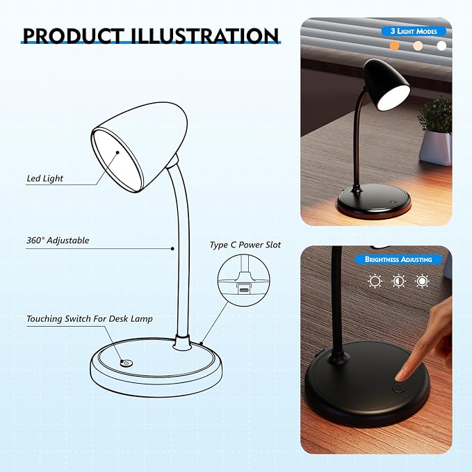 LED Desk Lamp for Home Office,3 Light Colors,Table Lamp,Dimmable Reading Light for Bedside Small Desk Lamp for College Dorm Room,Bedroom Desk Light