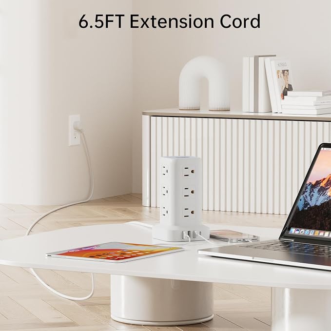Tower Surge Protector Power Strip with 12 Outlets 4 USB (1 USB C), 6.5Feet Extension Cord with Multiple Outlets, Charging Station, Power Strip Tower, Office Desk Supplies (2 Pack)