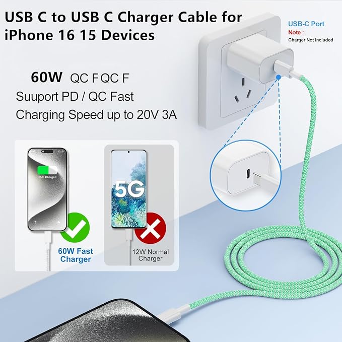 USB C to C Charger Cable 10ft, 60W Type C to C Fast Charging Cable Cord Long for Apple iPhone 17 Pro Max/17 Air/16 Pro Max/16 Pro/15 Plus/15 Pro Max/MacBook 2021/2020/2019,iPad Pro/Mini/Samsung Galaxy