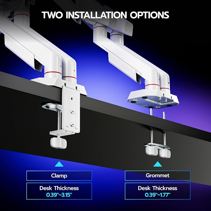 ARES WING Heavy Duty Dual Monitor Arm, Fully Adjustable Monitor Mount for 17-35 Inch Flat Curved Ultrawide Screens Up to 26.5lbs with USB A/C, C-Clamp & Grommet Base, 75/100 Vesa Mount, White