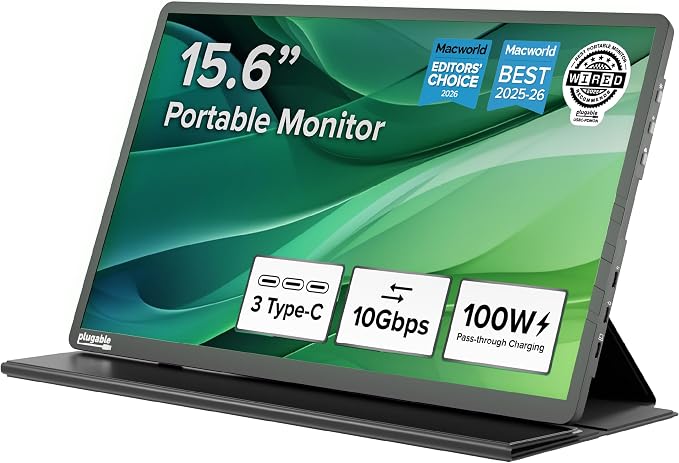 Plugable 15.6" USB-C Portable Monitor with 100W Pass-Through Charging | 2X USB-C 10Gbps Hub | FHD 1920x1080 IPS Display for Mac, Windows, iPad, Smartphone | 1.85lbs, Travel Cover/Stand Included