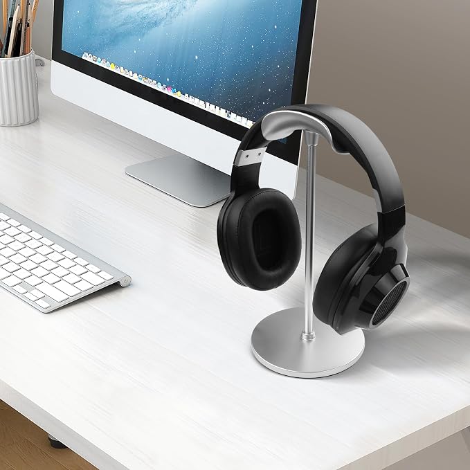 YAODHAOD Desktop Headphone Stand, Aluminum Alloy Headset Stand for Desk with Curved Headphone Rest & Anti-Slip Base,Heavy Base Desk Stand Headphones Support Accessory(Silver)