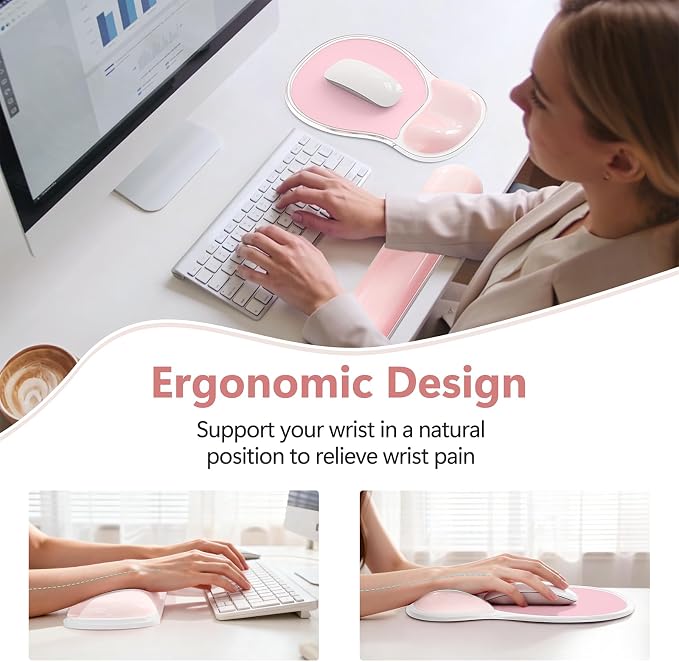 AKIT Ergonomic Mouse Pad and Keyboard Wrist Rest, Gel Wrist Rest for Computer Keyboard, Non-Slip Base, Pain Relief, Mousepad Set for Gaming, Home and Office, Pink