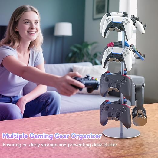 4 Tiers 360 Degree Rotatable Game Controller Stand for PS5 Xbox Nintendo Switch PS4, Aluminum Alloy Headset Controller Holder for Desk, Universal Gaming Headphone Stand Organizer Rack, Grey