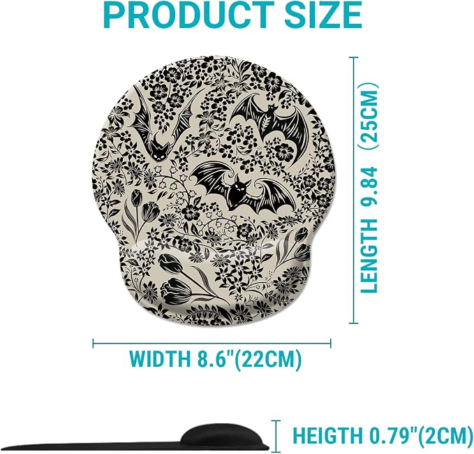 Hancynir Goth Bat Floral Ergonomic Mouse Pad with Wrist Rest, Gothic Flowers Gaming Mousepad Wrist Support, Funny Computer Mouse Pad with Non-Slip PU Base for Desk Accessories Office Decor Supplies