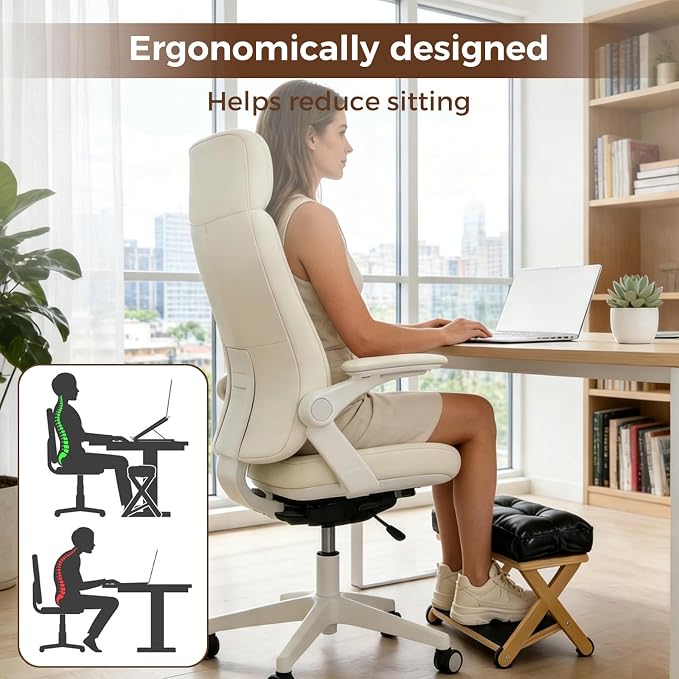 Foot Rest Under Desk, Wooden Double Step Foot Stool with Cushioned Top and Non-Slip Surface, Ergonomic Under Desk Footrest for Office, Home, Gaming and Work