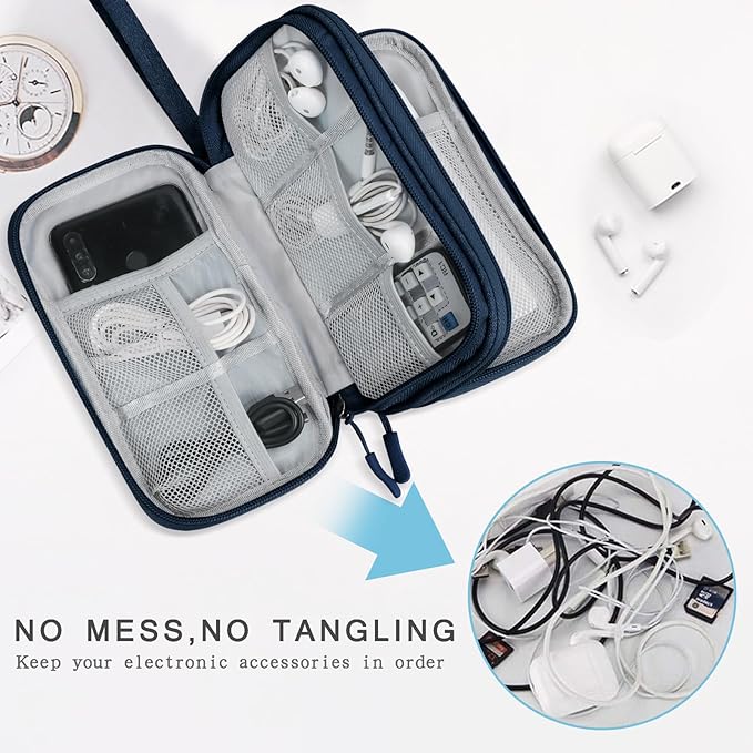 Skycase Electronic Organizer Travel Case - Waterproof Travel Cord Pouches for Organization, Cable Organizer, All-in-One Double Layers Storage Bag for Accessories, Charger, Cable, Navy - Large