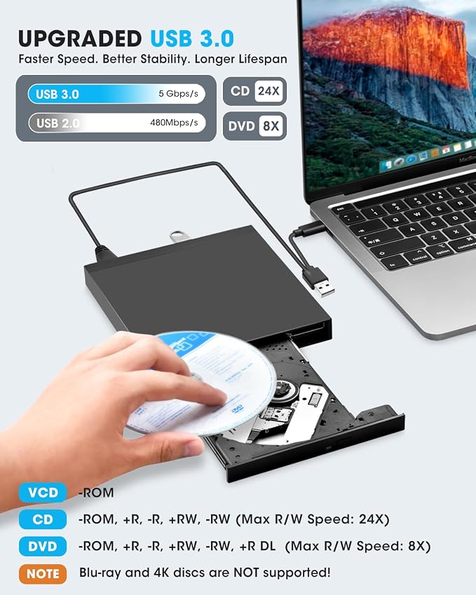 ROOFULL 5 in 1 External CD DVD Drive with USB 3.0 Ports and SD Card Slot, USB-C CD Burner DVD Player Reader Writer for Laptop Desktop PC, Windows 11/10 Laptop, Mac MacBook, Linux