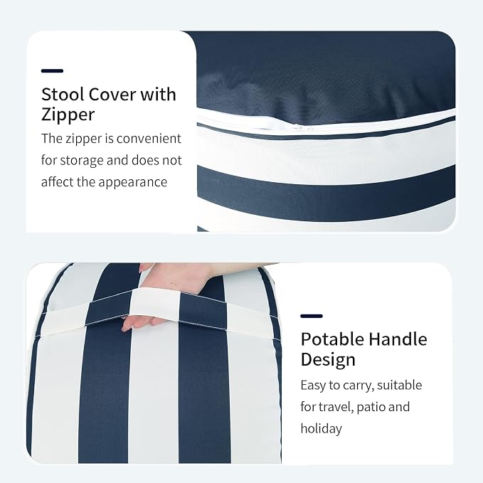 DYTXIII Inflatable Ottoman Stool D21 xH9 for Outdoor/Indoor Use, Water Repellent Patio Foot Rest Stool with Portable Handle,Round Pouf Ottoman Suitable for Garden,Deck and Camping - Cabana Navy