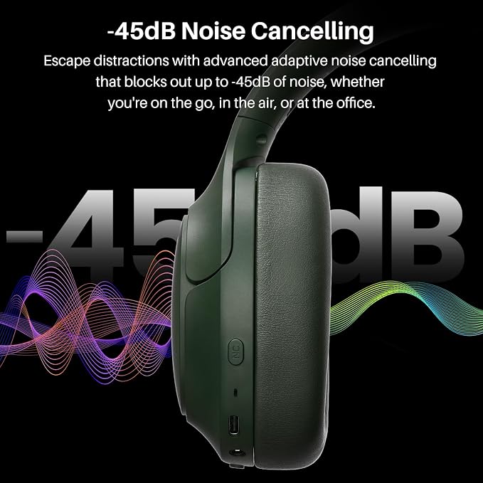 TOZO HT3 Hybrid Noise Cancelling Headphones, 90H Battery Life Wireless Over Ear Bluetooth 6.0 Foldable Headset, AI Voice Assistant with 5 Mics, Connect 2 Devices & Hi-Res Sound, 32 Audio EQ, with Case