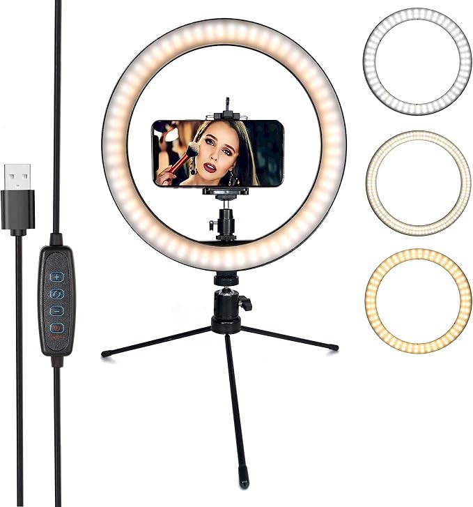DaVoice 10" 3 Light Modes Desktop Ring Light for Zoom Meetings, with Stand, Phone Holder, USB Powered