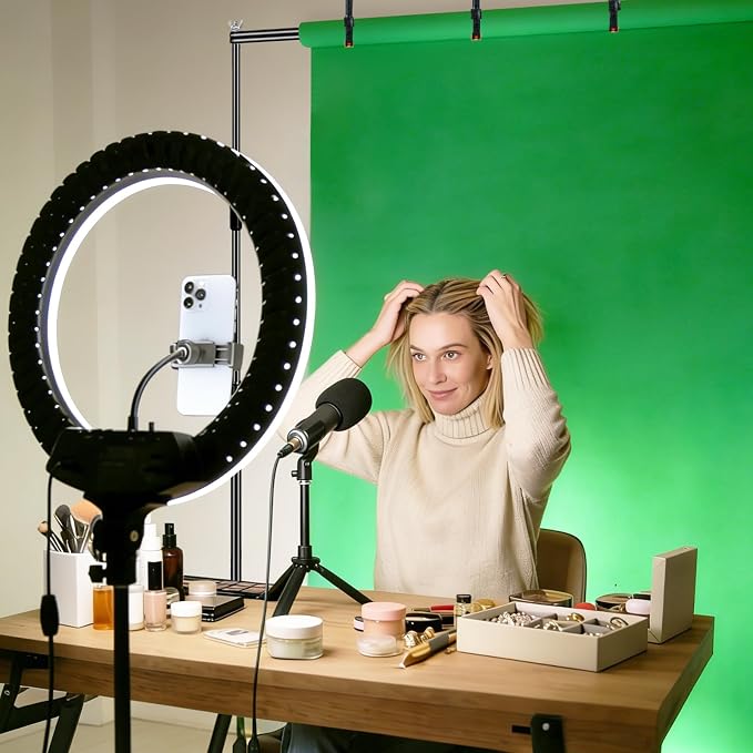 Green Screen Backdrop Kit, 8x10ft Metal Base Photo Studio Support System, Adjustable Backdrop Frame for Photography, Streaming, Weddings, Projector Screen, Tool-Free Setup & Portable Carry Bag