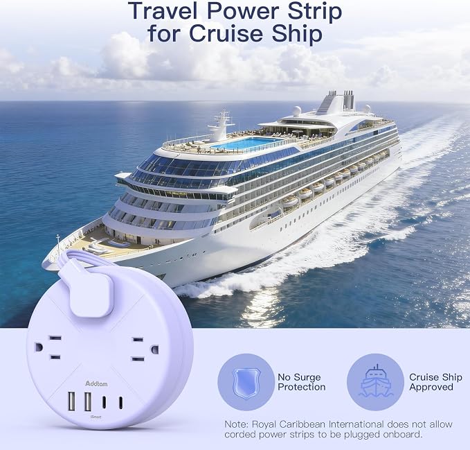 Addtam Travel Essentials Power Strip with USB C, Purple Cruise Approved Power Strip, 3 Outlets 4 USB Ports, 5ft Retractable Extension Cord for Travel, Dorm Room, Hotel, Cruise Ship Accessories