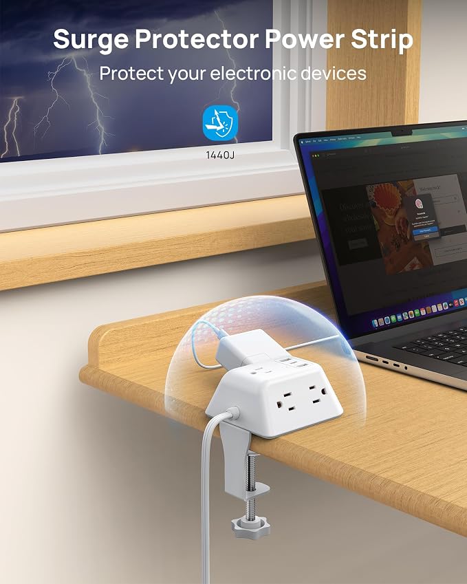 Desk Clamp Power Strip, Surge Protector with 5 AC Outlets and 3 USB Ports, Desk Mount Charging Station, Fit 1.97in Tabletop Edge Thick, 6FT Extension Cord, for Home Office Gaming Accessories, White