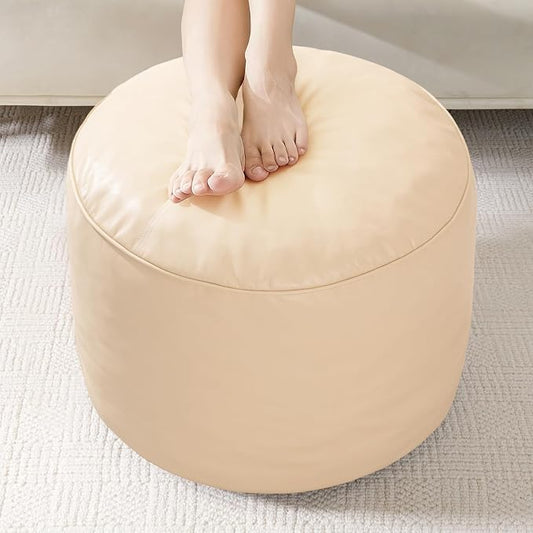 HIGOGOGO Round Stuffed Pouf Ottoman, Pu Leather Poufs with Foam Chunk Filling, Furry and Fluffy Pouf Foot Stool Storage Ottoman, 26 X 18 Floor Poufs Foot Rest for Living Room, Beige