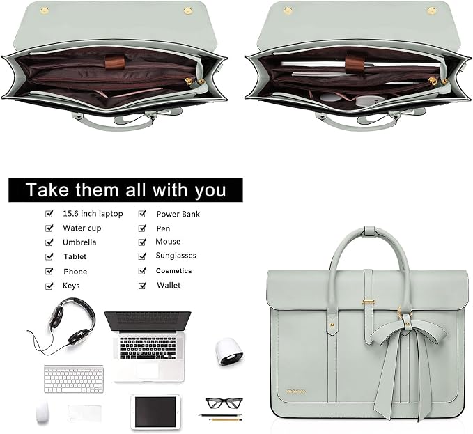 MOSISO Laptop Bag for Women, 15-15.6 inch PU Leather Laptop Shoulder Bags Convertible Backpack, 16 inch Messenger Bags Casual Handbag Work Briefcase Travel Computer Bag with Bowknot, Sage Green