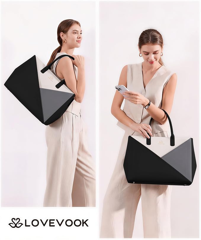 LOVEVOOK Laptop Tote Bag for Women with Large Cup Holder, 16 Inch PU Leather Work Bag Teacher Tote Bag, Waterproof Computer Bags Business Office Briefcase Handbag