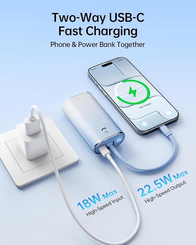 iWALK Sparkly 10000mAh Portable Charger, 22.5W Fast Charging Small Power Bank with Built-in USB-C Cable, Diamond Glitter Ultra-Compact Battery for iPhone 17/17 Pro/16/16 Pro/15, Samsung,ShinyBlue