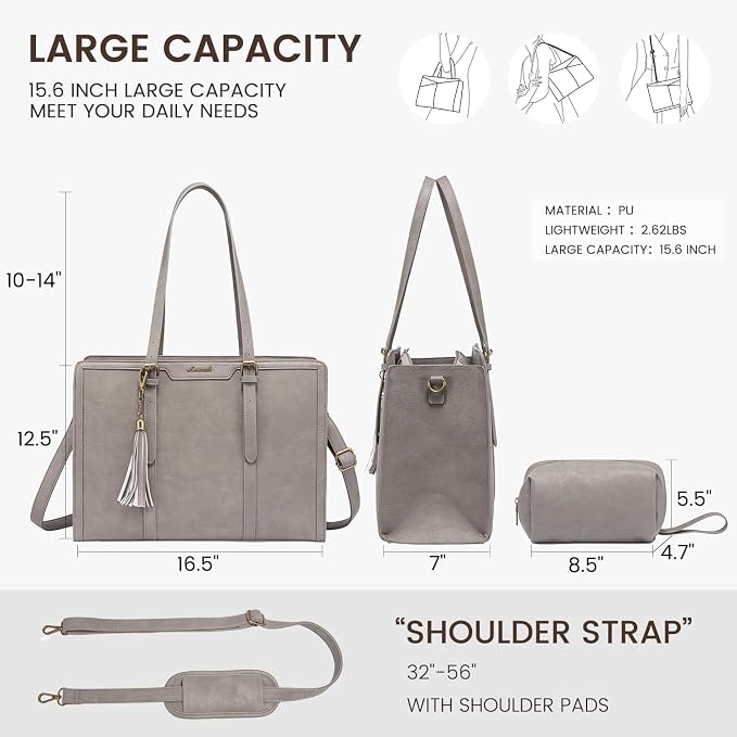LOVEVOOK Laptop Bag for Women Vintage Leather Laptop Tote 15.6 inch Large Capacity Computer bag with Clutch Purse for Work