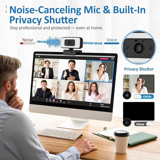 2K Webcam for Laptop, USB Web Camera with Light, Webcam with Microphone, 5X Zoom, Privacy Shutter, Anti-Disturb Backlight