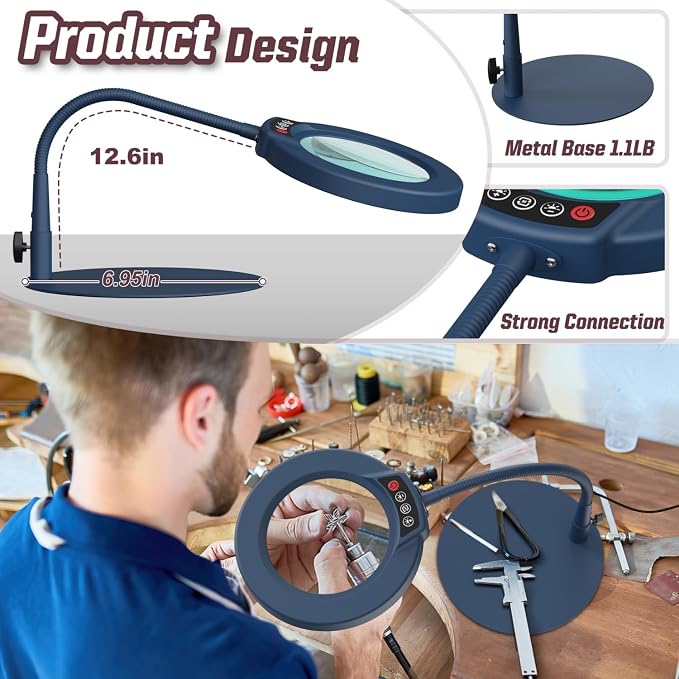 10X Magnifying Glass with Light and Stand, 5 Color Modes Stepless Dimmable LED Lighted Desk Lamp, Hands Free Flexible Gooseneck Magnifier with Light for Craft Hobby Painting Close Work - Blue