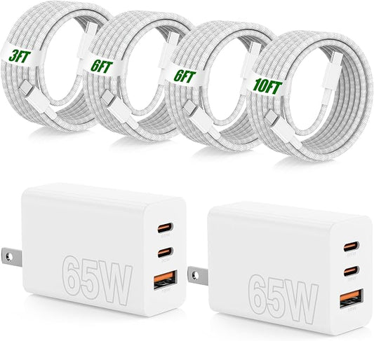 65W Super Fast Charging USB C for iPhone 17 16 Pro Max,3 Port 100W PD USB C Charger Block & 3/6/6/10FT Braided Type C Cord for iPhone 17 16 Pro,iPhone 15 Pro Max,for Samsung S26 Ultra/MacBook Pro/Air