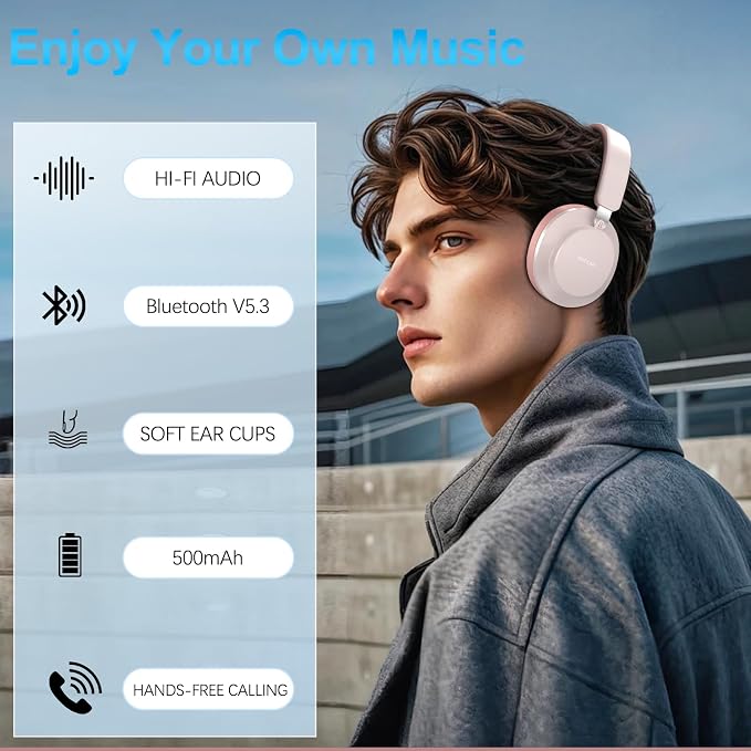 Over Ear Headphones Wireless Bluetooth, Noise Cancelling Headphones Bluetooth with Microphone, Cancelling Wireless Headphones Over Ear, 65h Playtime, Clear Calls, Comfort Fit For Travel (Pink)