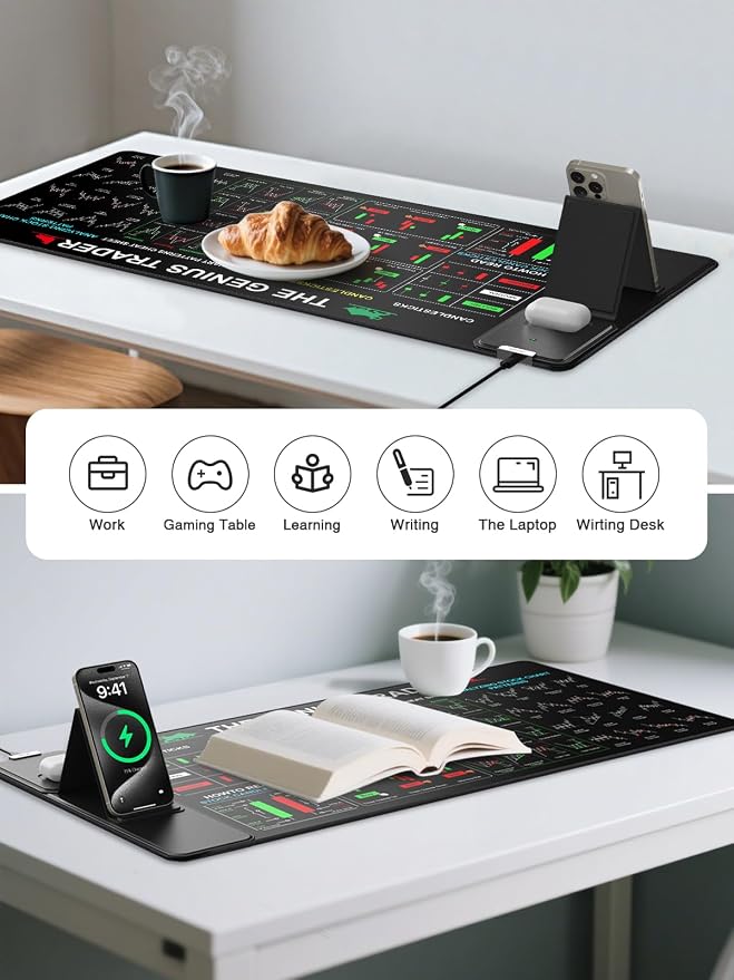 Mouse Pad with Foldable Phone Holder, Wireless Charging Desk Mat 31.5x15.75 Mousepad with Superior Micro-Weave Cloth Non-Slip Waterproof Desk Pad (Stock Shortcut)