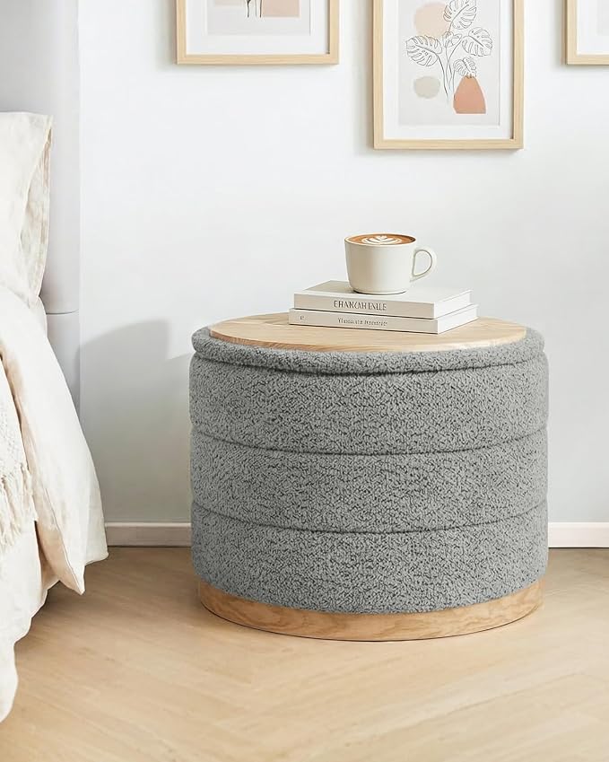 B FSOBEIIALEO Round Storage Ottoman with Tray, Folding Ottoman with Storage Coffee Table Foot Rest for Dorm Room Living Room Chenille Fabric,Grey,22.83"x22.83"x17.35"