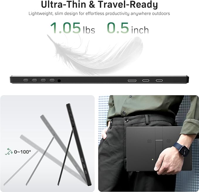 KQC 14 Inch Portable Monitor FHD 1200P, Ultra-Slim USB-C HDMI Plug & Play External Display, 100% sRGB Dual Speakers, Travel Laptop Monitor with Stand for PC Phone Xbox PS4/5