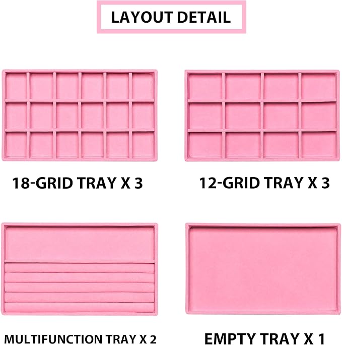 Frebeauty Jewelry Organizer Tray,Stackable Velvet Jewelry Trays,Drawer Inserts Earring Organizer For Women Jewelry Storage Display Case for Rings Stud Necklaces,8.3 x 4.9 x 1 Inches (Pink)