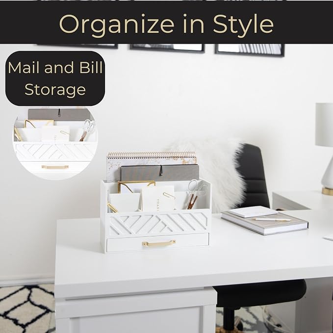 BLU MONACO | White Wooden Desk Organizer & Mail Organizer with Drawer & Gold Handle | Mail Sorter Countertop | 6 Compartments | White Desktop Organizer for Desk