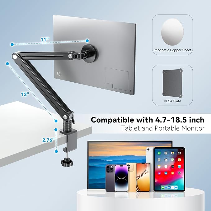 Jakeko Magnetic Portable Monitor Holder Arm - Heavy Duty Solid Aluminum 75mm VESA Mount Desk Clamp 8.3" 12.9" 15.6" 16" 17.3" 18.5 inch 360° Swivel Base with Cable Clips