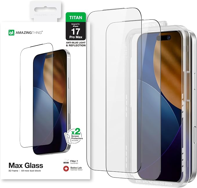 AMAZINGthing for iPhone 17 Pro Max [Titan Filter 7 - Max Glass ] Screen Protector, Blue Light Reduction, 9H Tempered Glass, Full Coverage, Case‑Friendly, Oleophobic, Alignement Frame, 2 Pack