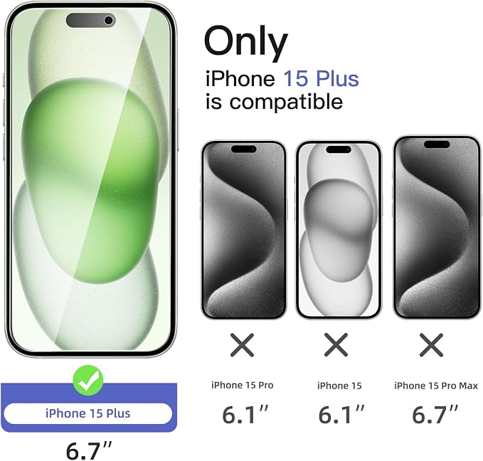 NEW'C 3x Privacy for iPhone 15 Plus Screen Protector (6.7 inches)+ 3x Camera Lens Protector, Sensor Protection, Case Friendly Tempered Glass Film + Dust Plug - Easy installation tool included
