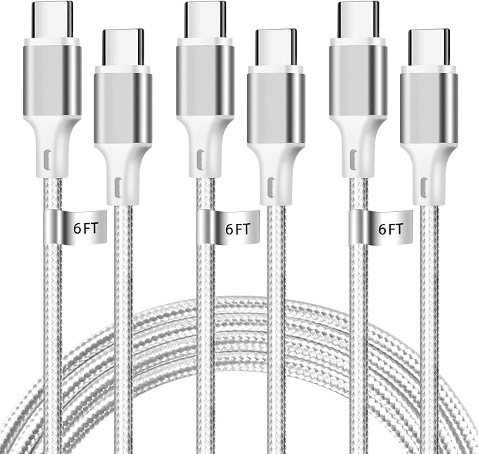 USB C to USB C Charger Cable, 3Pack 6FT Type C Fast Charging Cord Compatible for iPhone 15/16/17/Pro/Max/Plus, iPad Pro Air Ps5 Controller Samsung Galaxy - Silver
